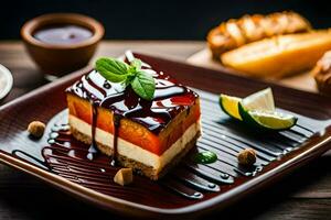 un pedazo de pastel con un rebanada de Fruta y un rebanada de Lima. generado por ai foto