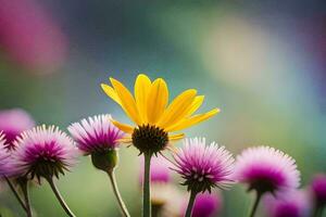a yellow flower is standing out from a field of purple and pink flowers. AI-Generated photo