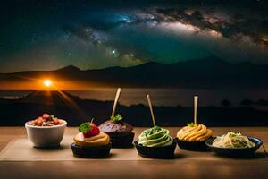 a table with cupcakes and a milky sky. AI-Generated photo