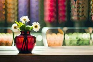 un rojo florero con flores sentado en un mesa. generado por ai foto