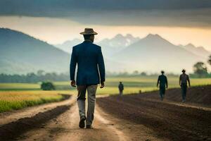 a man in a suit walks down a dirt road. AI-Generated photo