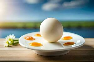 an egg on a plate with orange and yellow eggs. AI-Generated photo