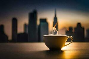 café taza con el ciudad en el antecedentes. generado por ai foto