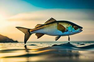 un pescado es saltando fuera de el agua a puesta de sol. generado por ai foto