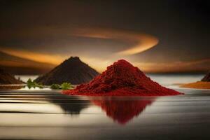 a pile of red powder in the water with a sunset in the background. AI-Generated photo