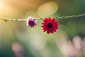 red flower on a wire with sun shining in the background. AI-Generated photo