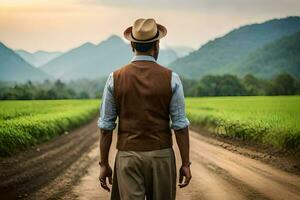 a man in a hat and vest walking down a dirt road. AI-Generated photo