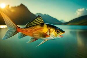 un pescado nadando en el agua con montañas en el antecedentes. generado por ai foto