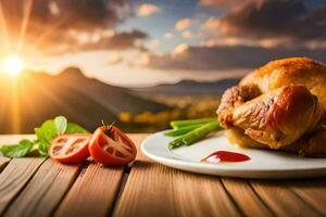 un plato de asado pollo y vegetales en un de madera mesa. generado por ai foto