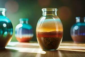 a glass vase with sand and water in it. AI-Generated photo