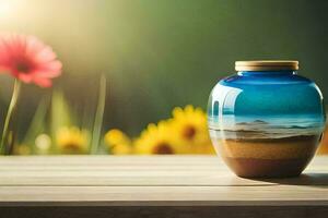 a vase with a beach scene on a table. AI-Generated photo