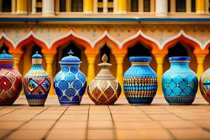 colorful vases lined up in front of a building. AI-Generated photo