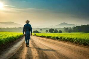 a man walking down a dirt road in the middle of a field. AI-Generated photo