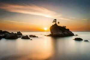 a lone tree stands on a rock in the ocean at sunset. AI-Generated photo