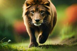 un león es caminando mediante un campo. generado por ai foto