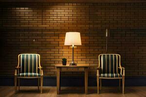 dos sillas sentar en frente de un ladrillo pared con un lámpara en el mesa. generado por ai foto