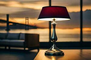 a lamp on a table in front of a window. AI-Generated photo