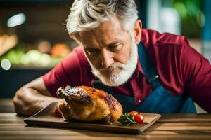 a man with a beard and apron is looking at a roasted chicken. AI-Generated photo