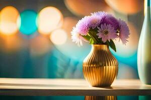a vase with purple flowers on a table. AI-Generated photo