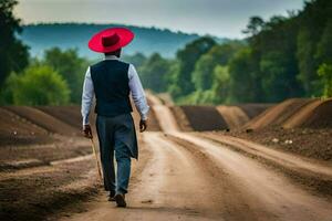 a man in a red hat walking down a dirt road. AI-Generated photo