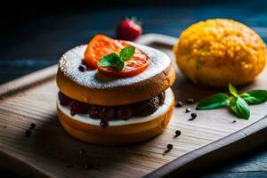 a small cake with fruit and mint on a wooden cutting board. AI-Generated photo