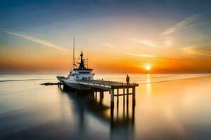 a boat docked at the end of a pier at sunset. AI-Generated photo