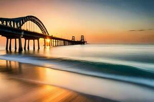 a long exposure photograph of a bridge over the ocean. AI-Generated photo