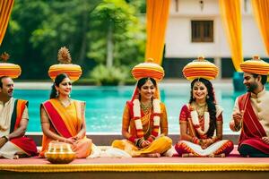 a group of indian wedding guests sitting on the ground. AI-Generated photo