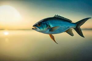 a fish is flying over the water at sunset. AI-Generated photo