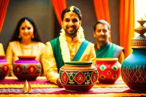 un hombre y mujer en tradicional indio atuendo son sonriente a el cámara. generado por ai foto