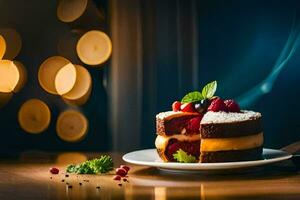 a slice of cake with berries on top. AI-Generated photo