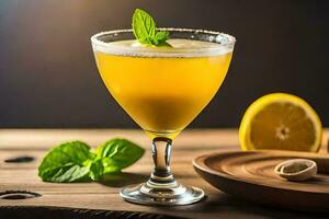 a cocktail with lemon and mint on a wooden table. AI-Generated photo