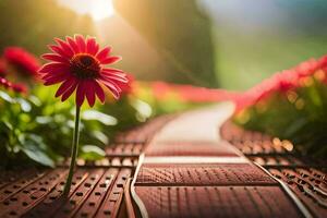 a red flower is standing on a wooden path. AI-Generated photo