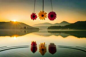 sunset over a lake with flowers hanging from a rope. AI-Generated photo