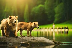 two brown bears standing on a rock near a lake. AI-Generated photo