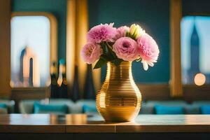 a gold vase with pink flowers on a table in front of a city skyline. AI-Generated photo