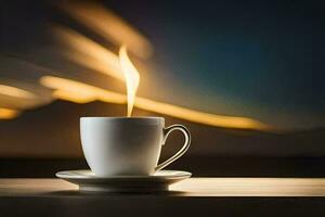 a cup of coffee on a table with a fire in the background. AI-Generated photo