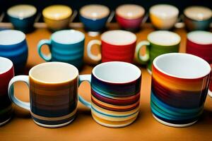 a row of colorful mugs on a table. AI-Generated photo