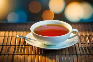 a cup of tea on a table with blurred bokeh. AI-Generated photo