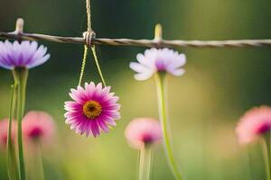 pink flowers hanging from a wire fence. AI-Generated photo