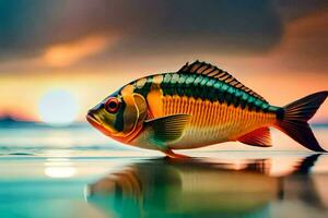 a fish is standing on the beach at sunset. AI-Generated photo