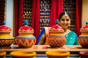 a woman is standing in front of colorful pots. AI-Generated photo