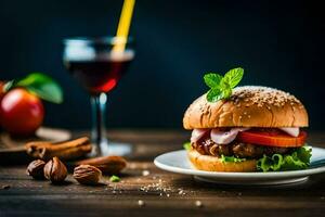 un hamburguesa con Tomates, cebollas y queso en un lámina. generado por ai foto