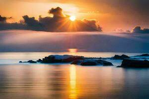 puesta de sol terminado el Oceano con nubes y rocas generado por ai foto