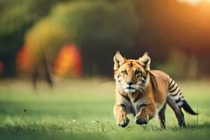 un Tigre corriendo a través de un campo. generado por ai foto