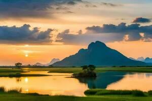 el montañas son reflejado en el agua. generado por ai foto