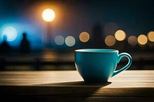 azul café taza en de madera mesa con ciudad luces en antecedentes. generado por ai foto