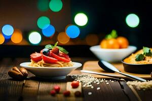 spaghetti and vegetables on a wooden table. AI-Generated photo