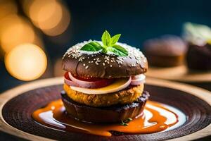 a burger with a sauce on top. AI-Generated photo