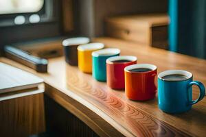 a row of colorful coffee cups on a wooden table. AI-Generated photo